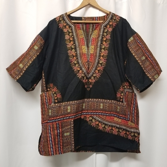 Vintage African Dishaki Shirt Homemade Kenti Print Double Wax Block Unisex - Picture 1 of 6